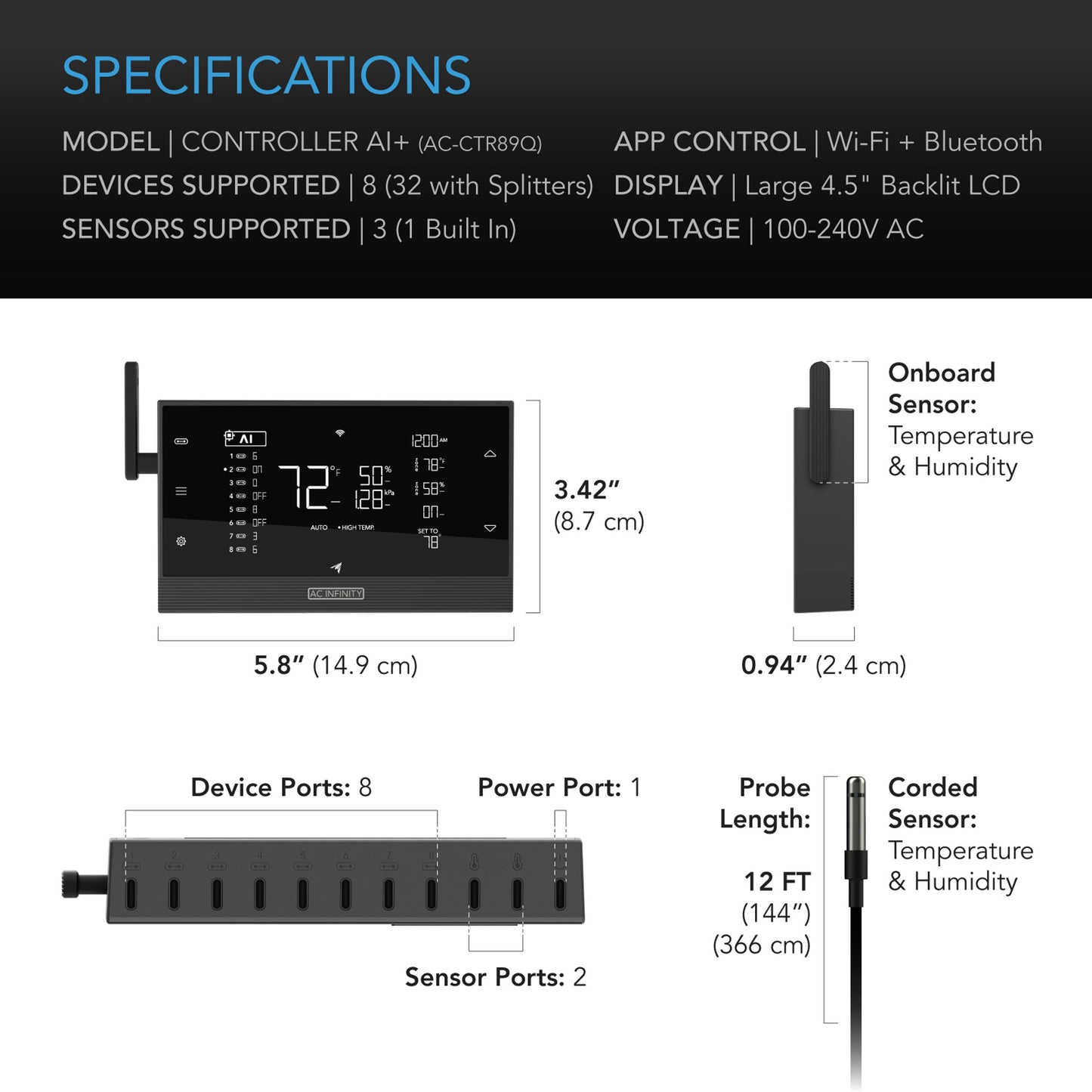 CONTROLLER AI+ Environmental Controller, AI-Powered Learning and Dynamic Level Adjusting for UIS and Third-Party Devices, Dual-Zone VPD, Temperature and Humidity, Bluetooth + WiFi App