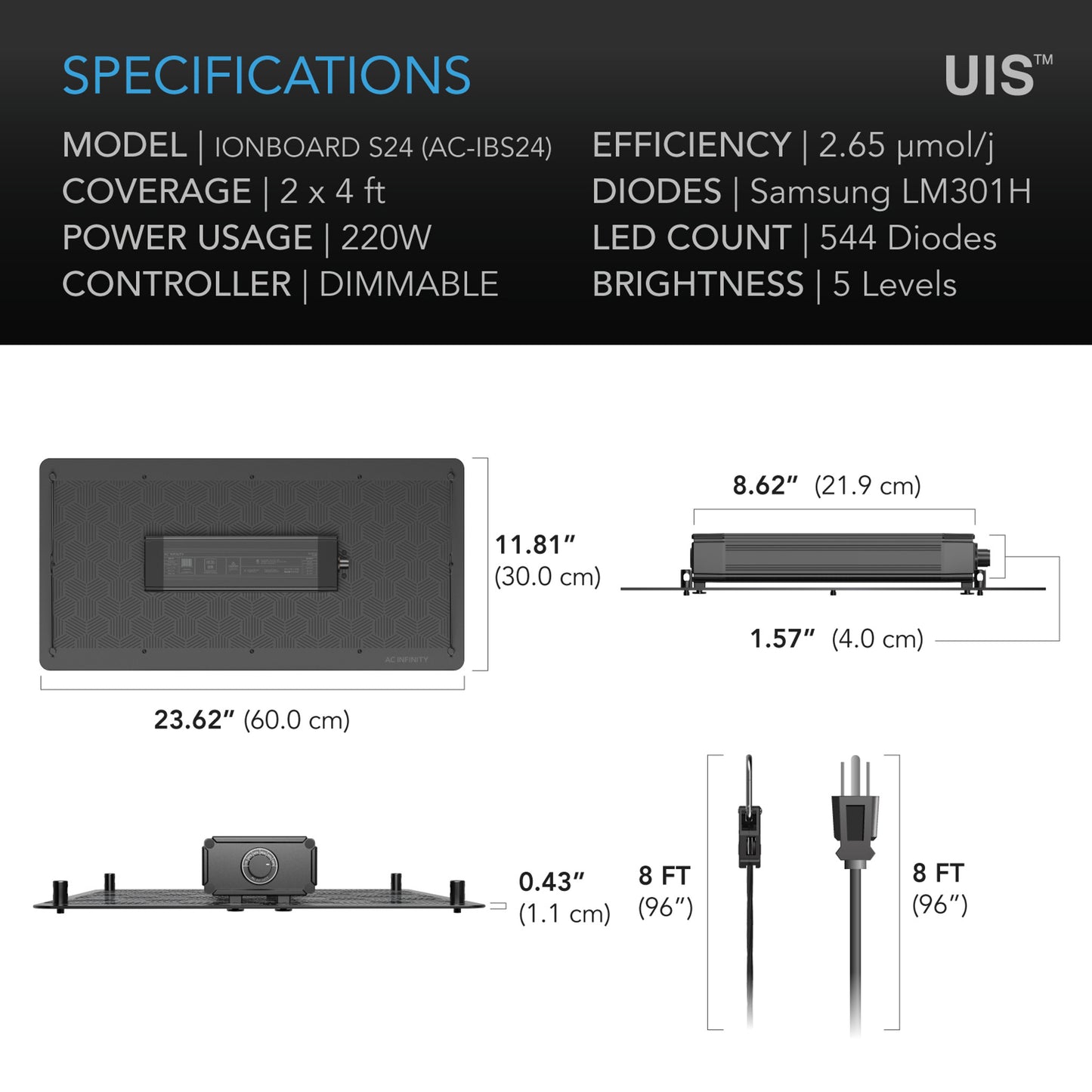 IONBOARD S24, Full Spectrum LED Grow Light 220W, Samsung LM301H, 2x4 Ft. Coverage